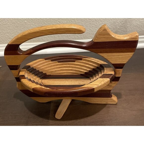 Cat Kitten Wood Collapsible Fruit Bread Basket Rustic‎ Farm Cottage - Picture 3 of 5